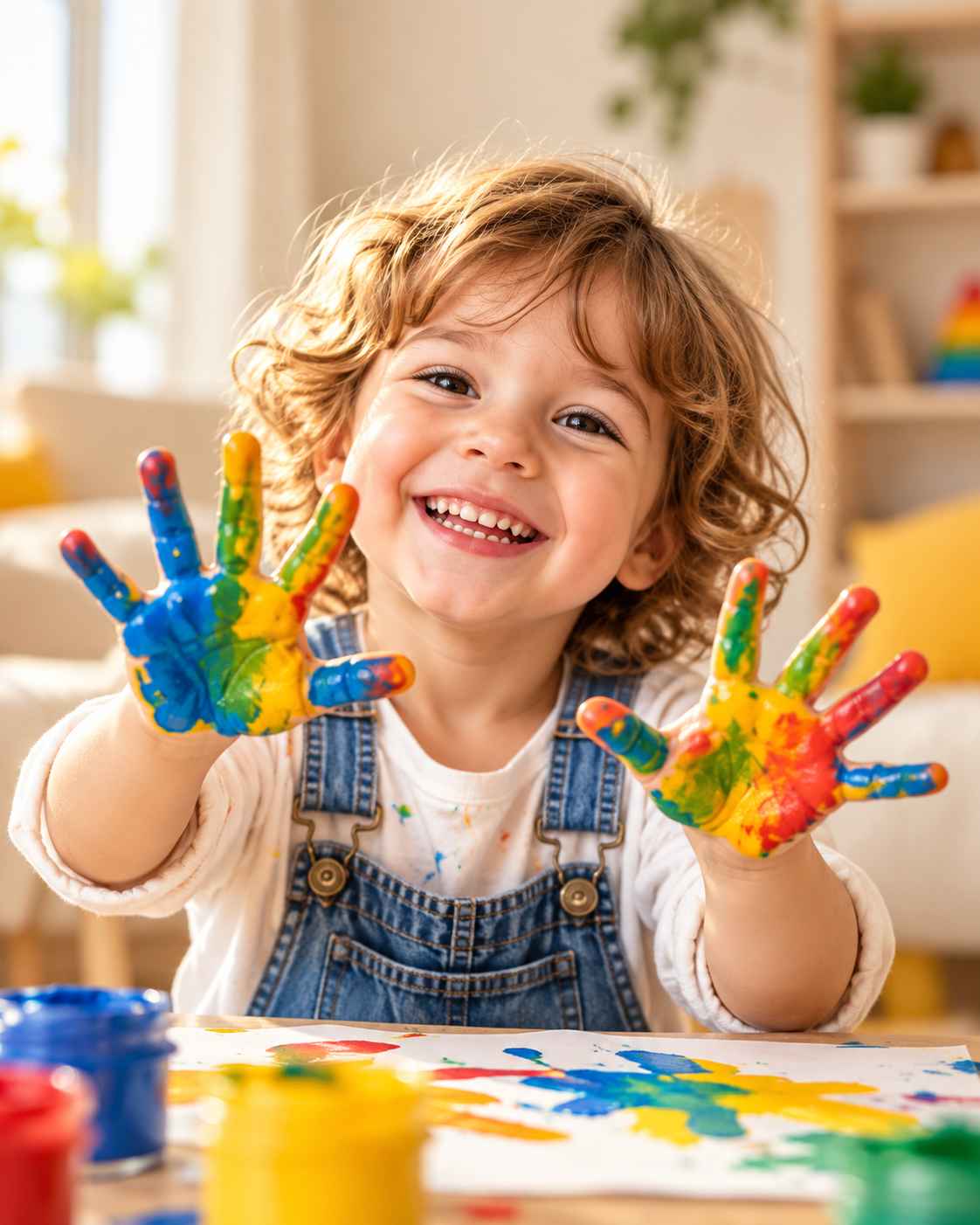 A smiling child with colourful paint on their hands