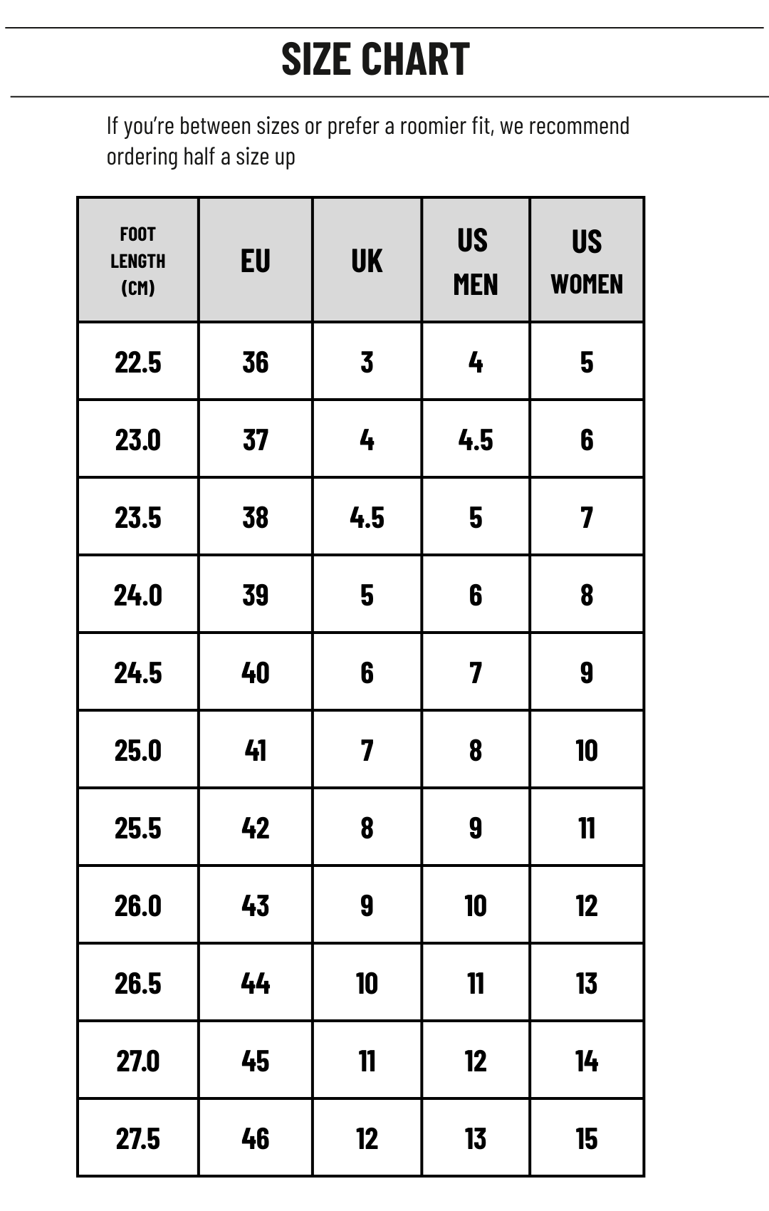 Size chart