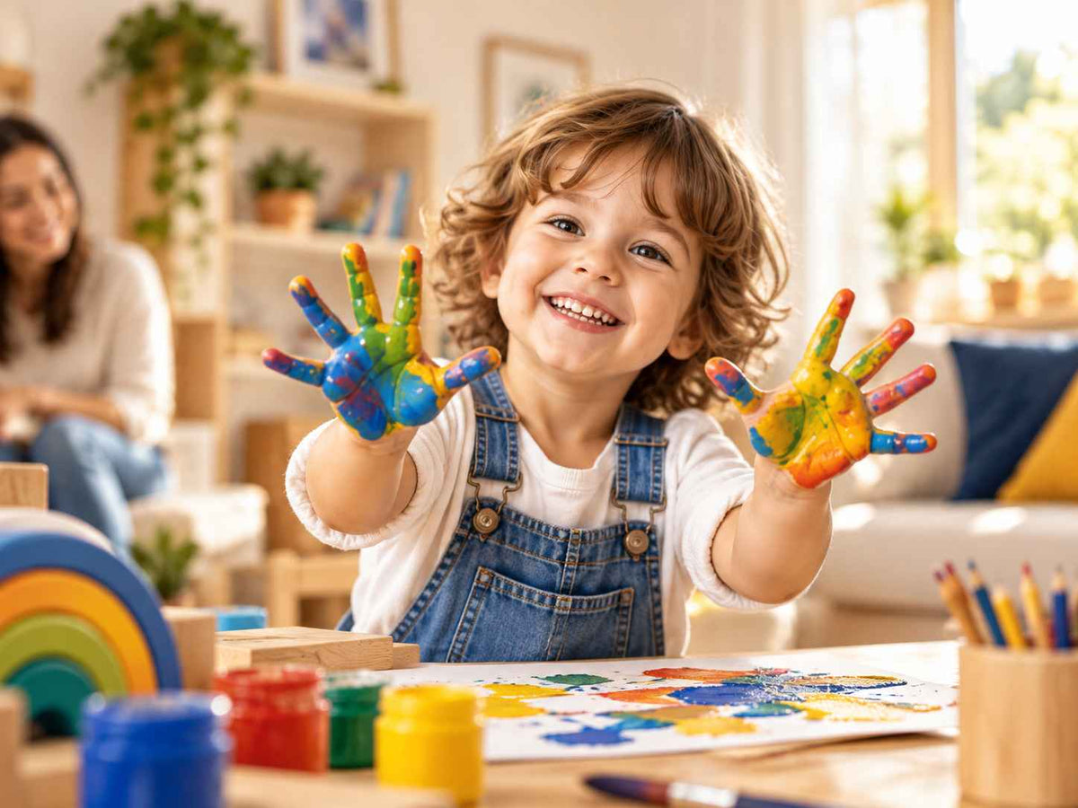 A smiling child with colourful paint on their hands