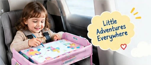 Child playing with a pink activity tray in a car